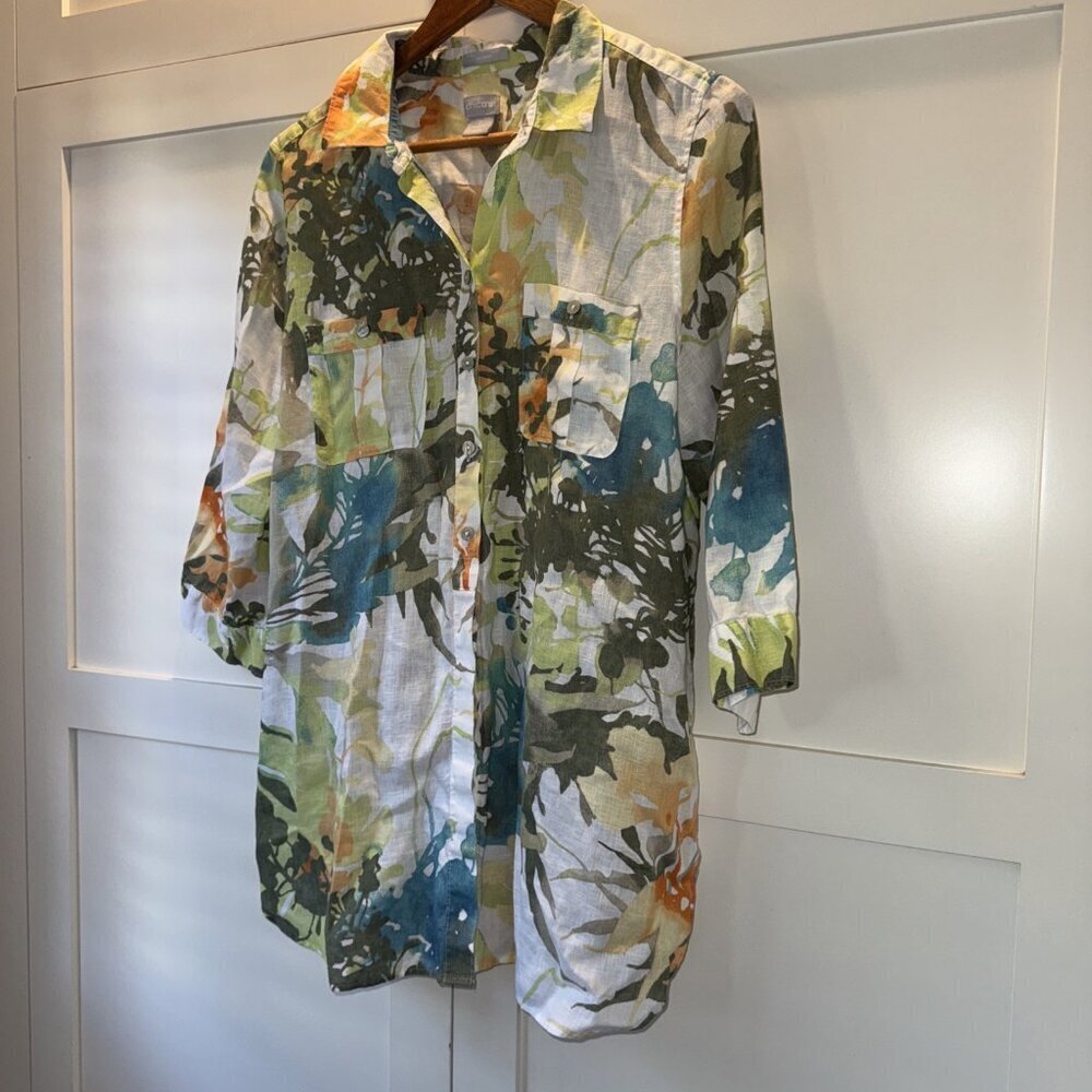Chico's No-Iron Linen Floral Paradise Shirt Size: 2 US Size 12 - Picture 2 of 16